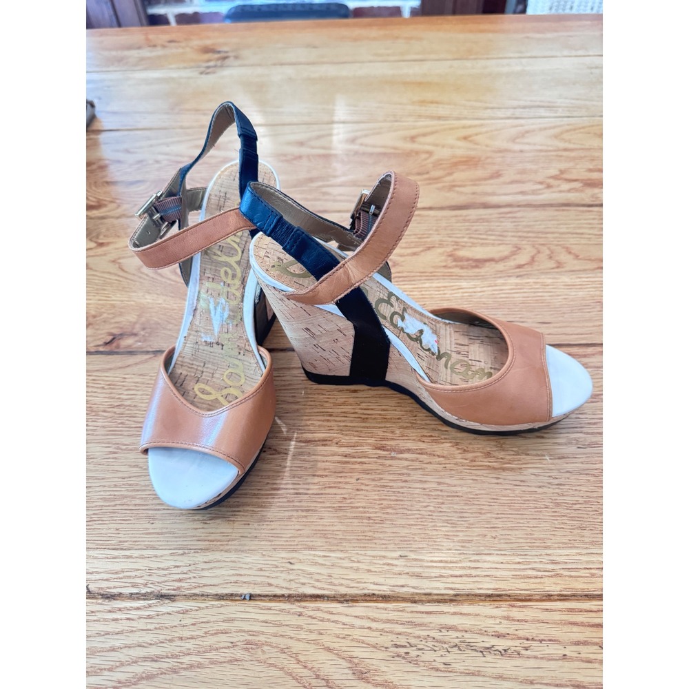 Sam Edelman Womens Tan Black Cork Wedge Platform Sandals Size 8 Lug Sole